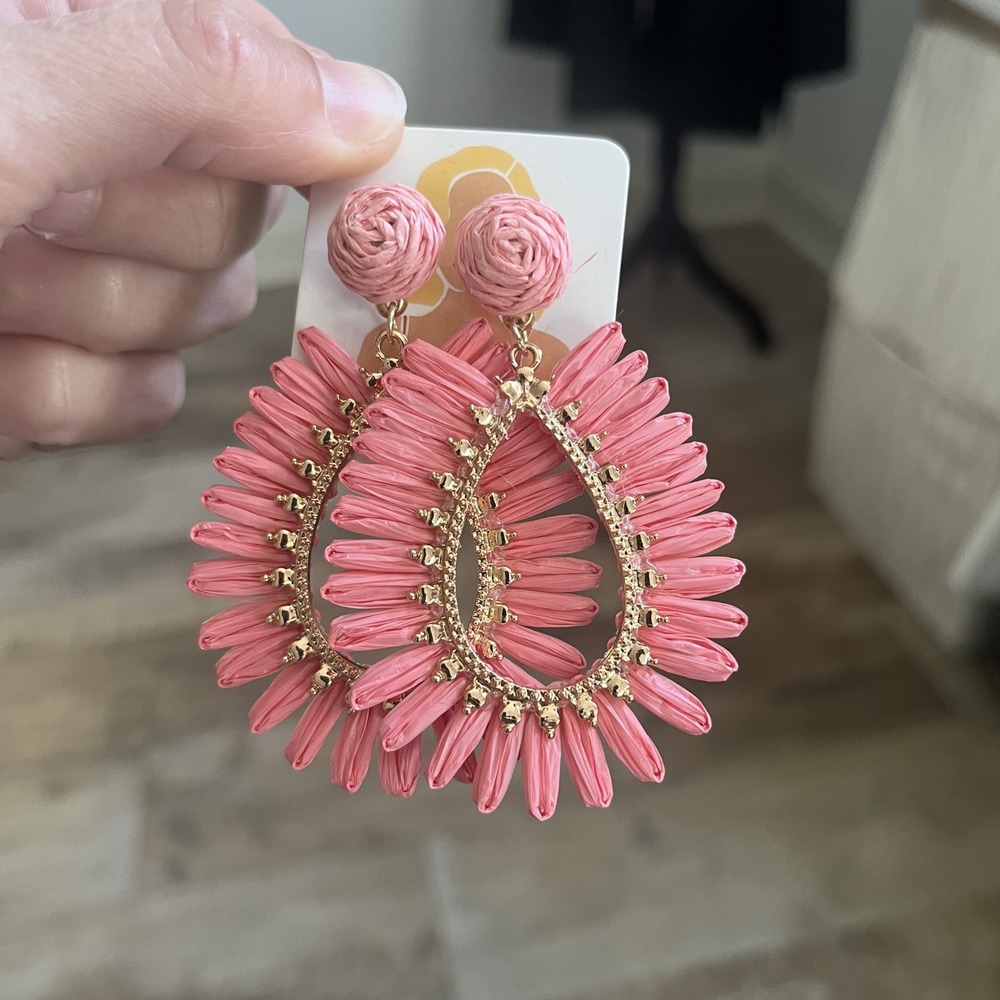 Pink Raffia Teardrop Statement Earrings Gold Beaded Woven Drop Boho‎ Chic Summer